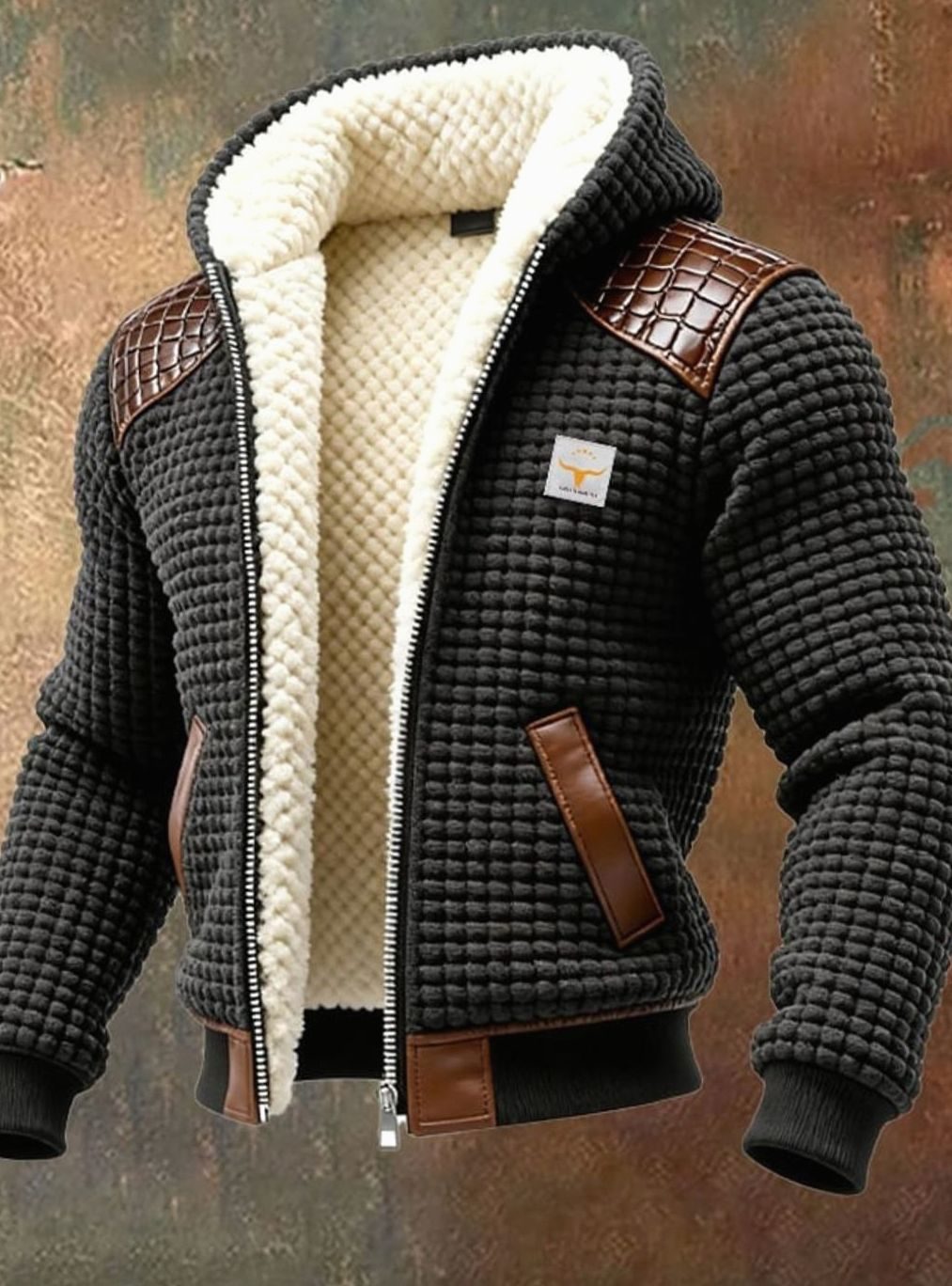 Men's Sherpa-Lined Waffle-Knit Full-Zip Winter Jacket