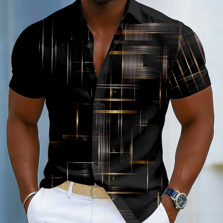 Men's Short Sleeve Relaxed-Fit Geometric Print Button-Up Shirt - Black