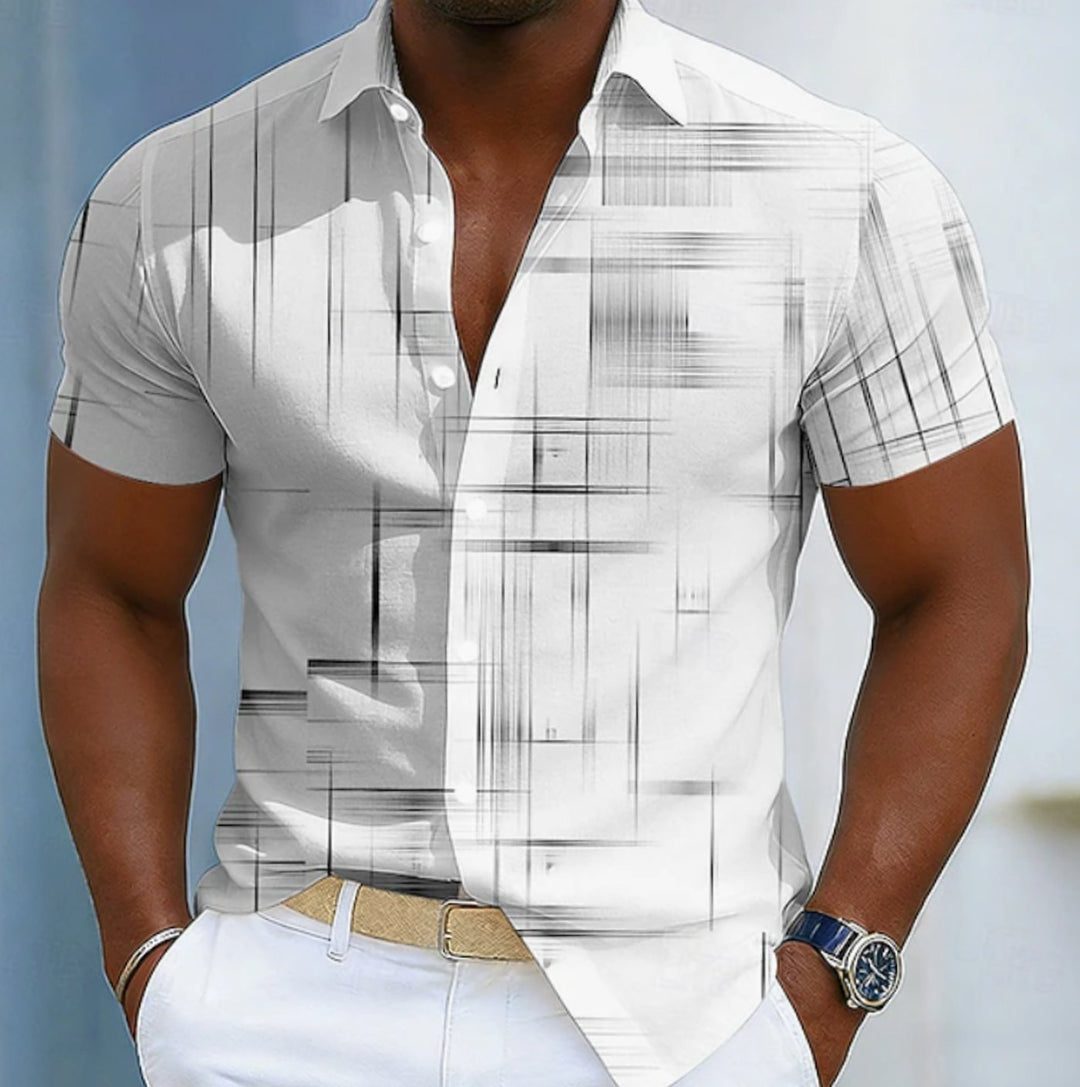 Men's Short Sleeve Relaxed-Fit Geometric Print Button-Up Shirt - White