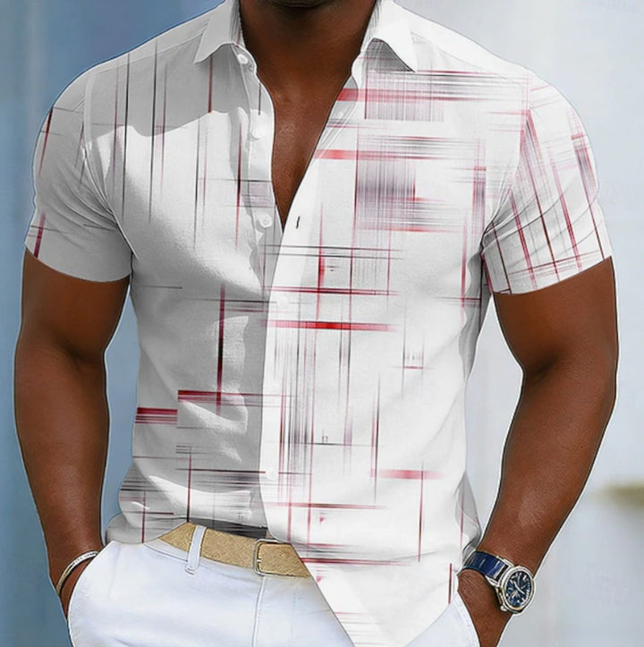 Men's Short Sleeve Relaxed-Fit Geometric Print Button-Up Shirt - Red