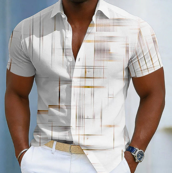 Men's Short Sleeve Relaxed-Fit Geometric Print Button-Up Shirt - Khaki