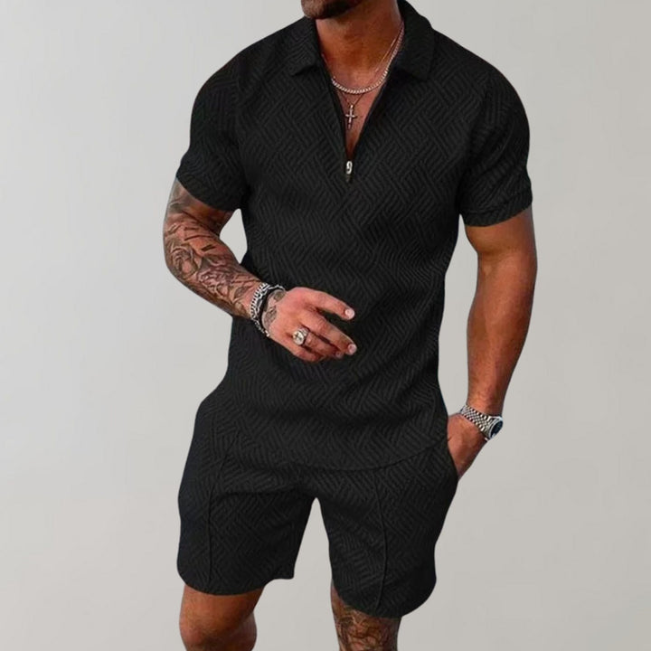 Men's Short Sleeve Zip Polo Shirt Matching Shorts Set - Black