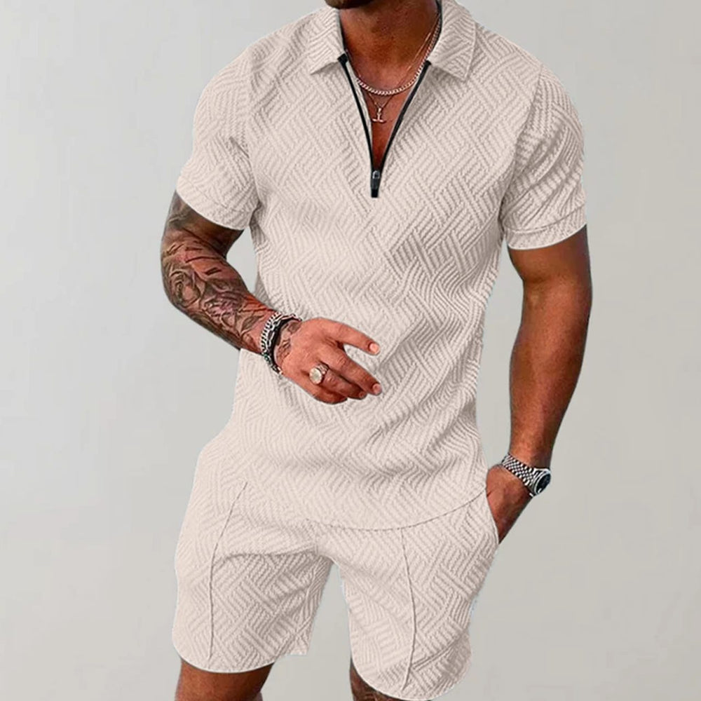 Men's Short Sleeve Zip Polo Shirt Matching Shorts Set - Beige