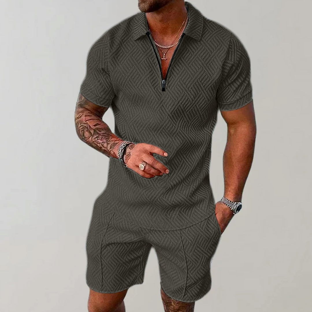 Men's Short Sleeve Zip Polo Shirt Matching Shorts Set - Green