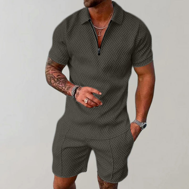 Men's Short Sleeve Zip Polo Shirt Matching Shorts Set - Green