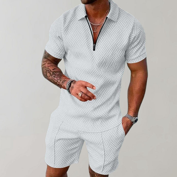 Men's Short Sleeve Zip Polo Shirt Matching Shorts Set - White