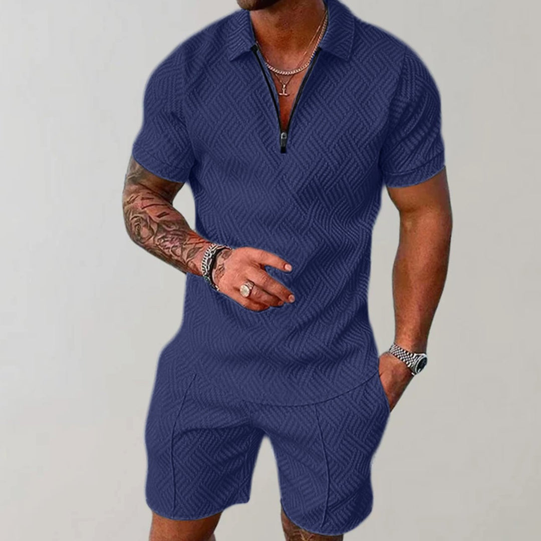 Men's Short Sleeve Zip Polo Shirt Matching Shorts Set - Marine Blue