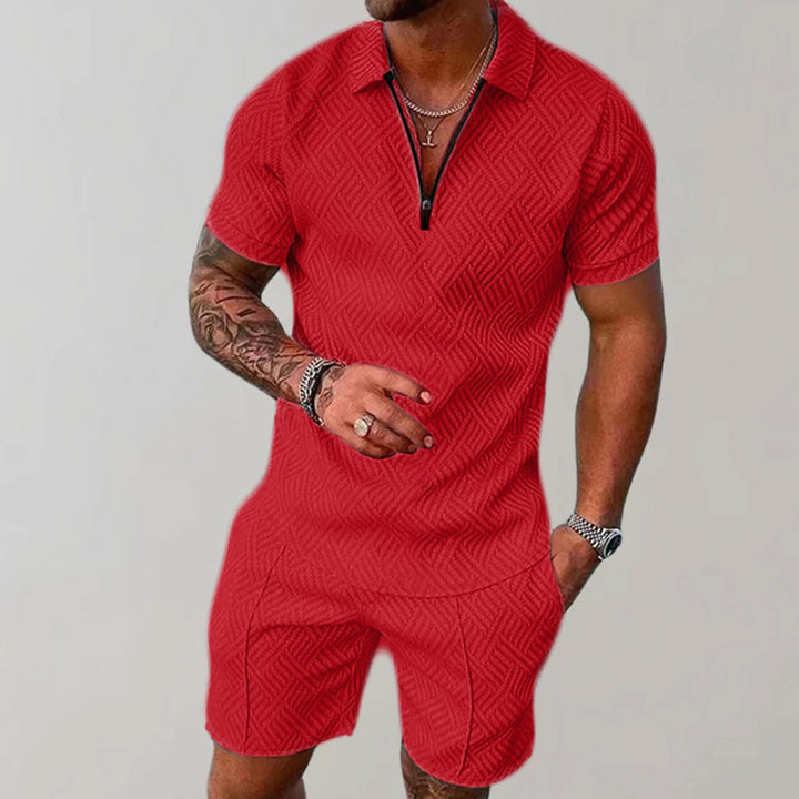 Men's Short Sleeve Zip Polo Shirt Matching Shorts Set - Red