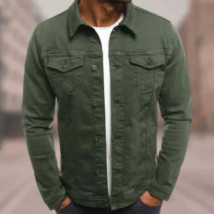 Men's Slim-Fit Button-Up Denim Jacket Chest Pockets - Khaki Green