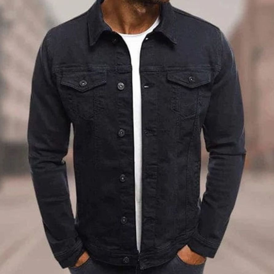 Men's Slim-Fit Button-Up Denim Jacket Chest Pockets - Black