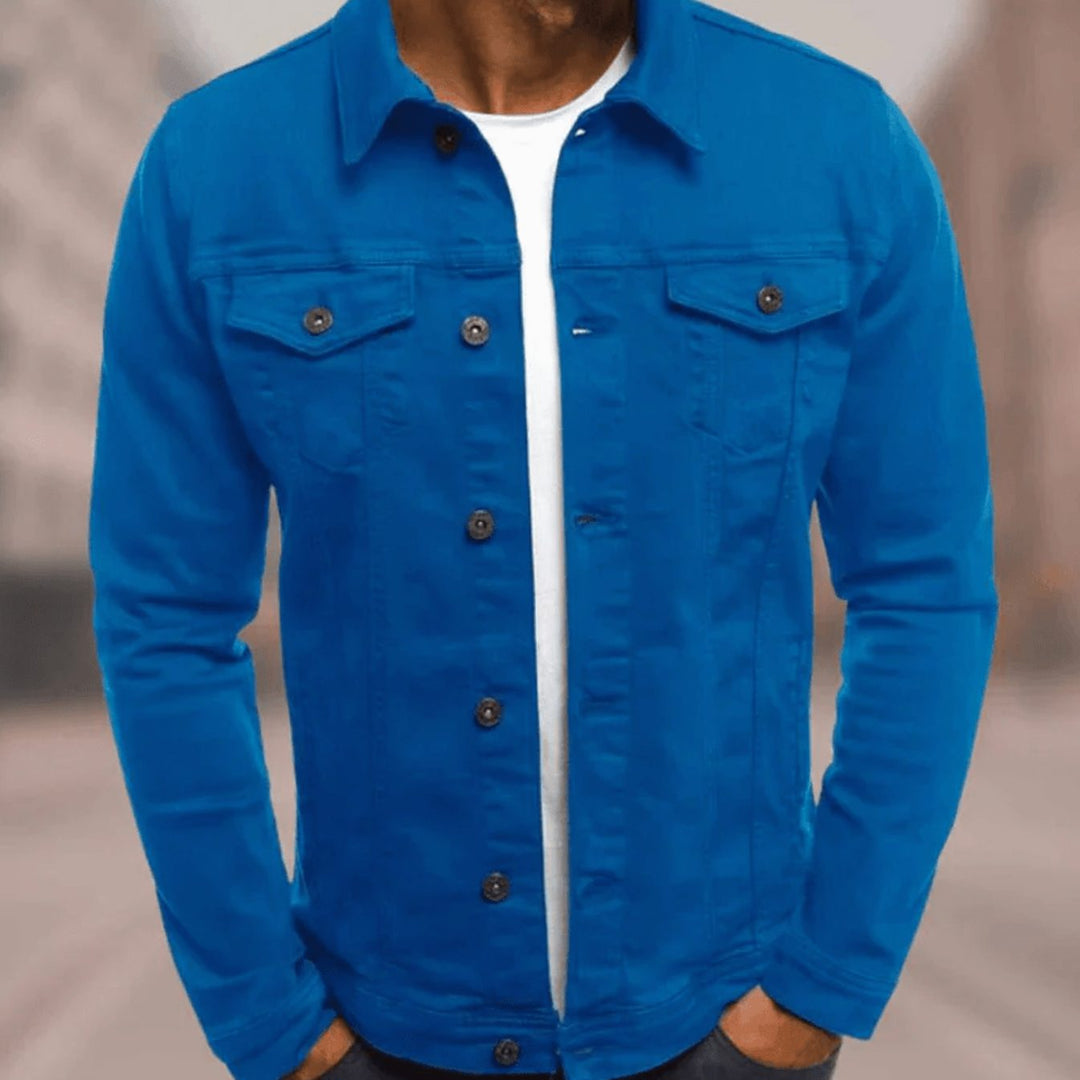 Men's Slim-Fit Button-Up Denim Jacket Chest Pockets - Ocean Blue