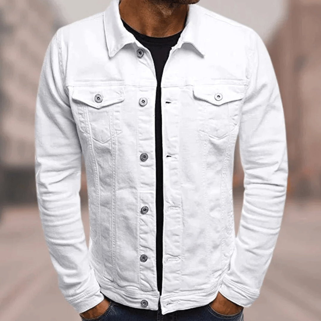 Men's Slim-Fit Button-Up Denim Jacket Chest Pockets - White