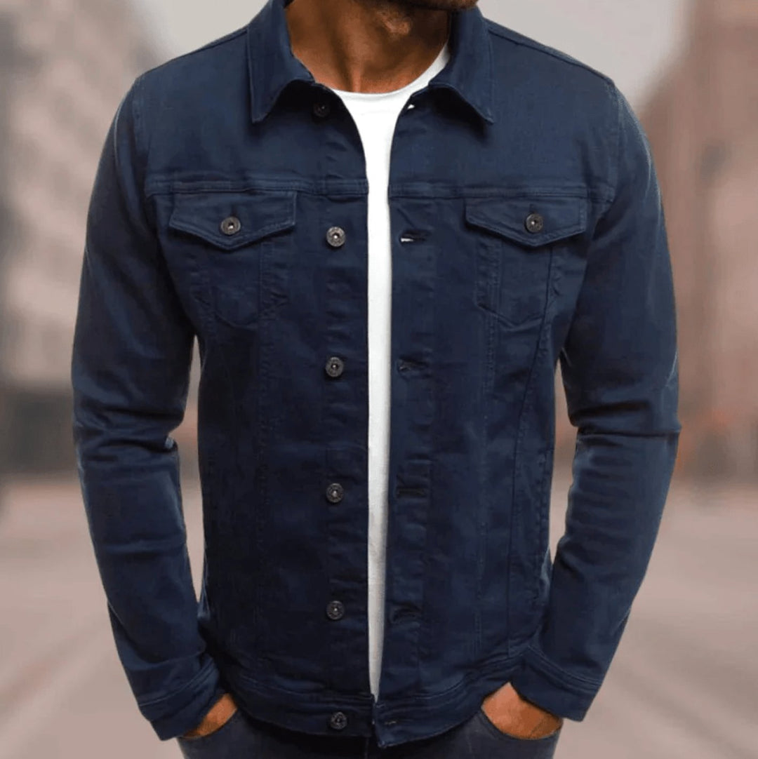 Men's Slim-Fit Button-Up Denim Jacket Chest Pockets - Navy
