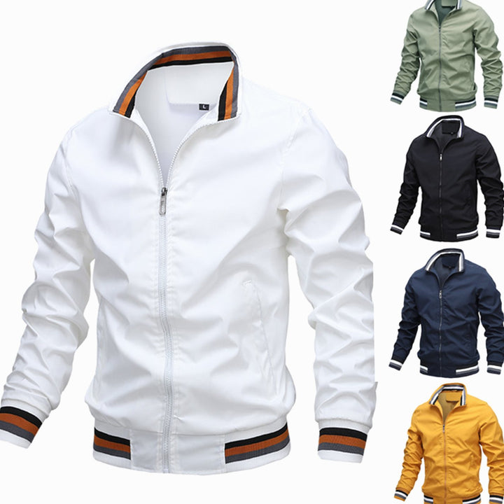 Men's Slim-Fit Full-Zip Bomber Jacket Striped Ribbed Cuffs