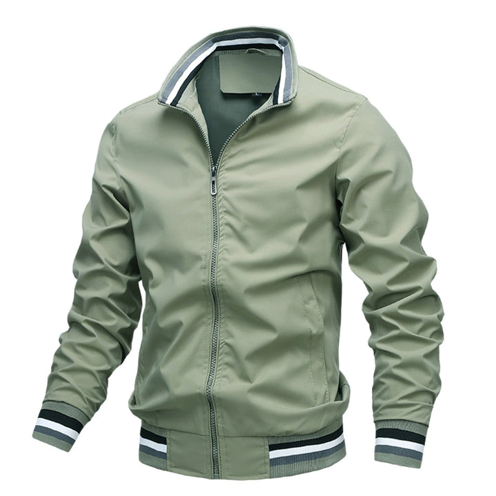 Men's Slim-Fit Full-Zip Bomber Jacket Striped Ribbed Cuffs - Green