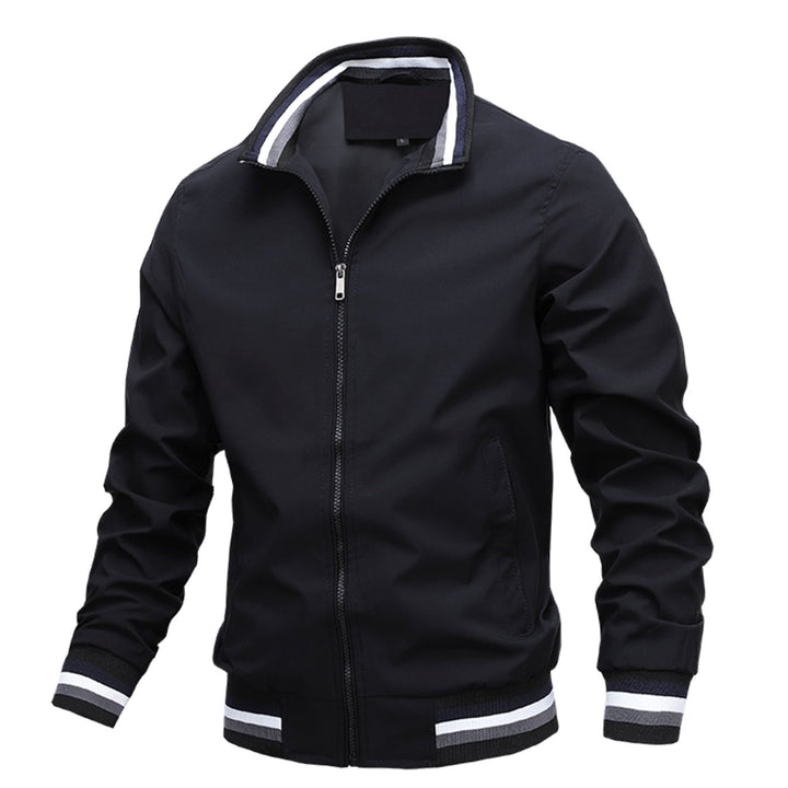 Men's Slim-Fit Full-Zip Bomber Jacket Striped Ribbed Cuffs - Black