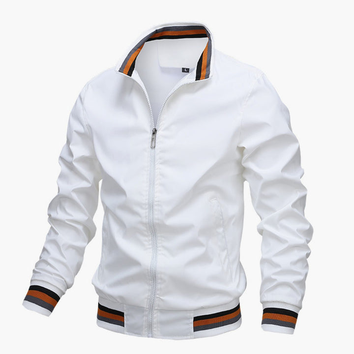 Men's Slim-Fit Full-Zip Bomber Jacket Striped Ribbed Cuffs - White