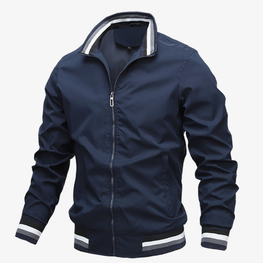 Men's Slim-Fit Full-Zip Bomber Jacket Striped Ribbed Cuffs - Blue