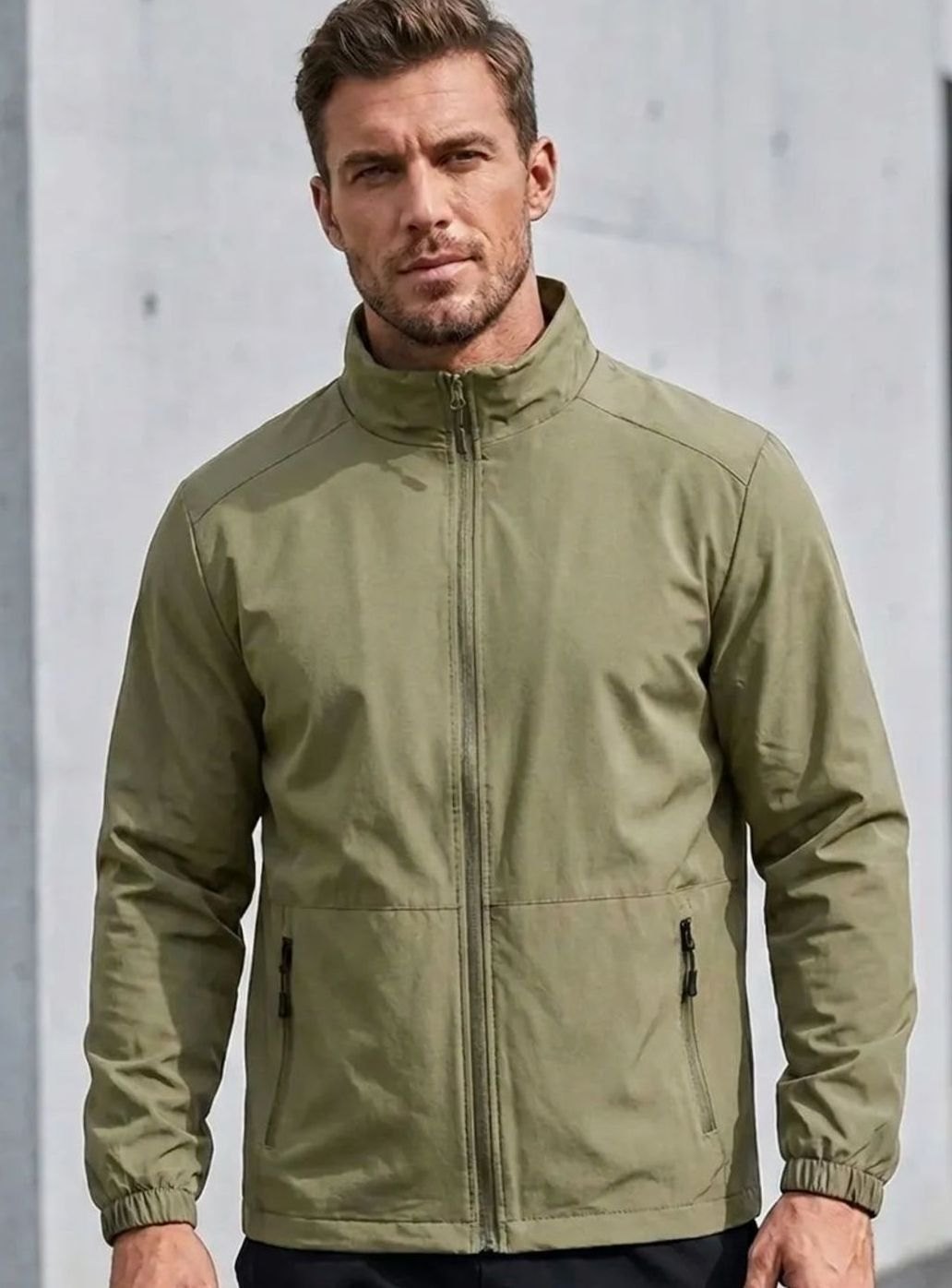 Men's Slim-Fit Full-Zip Stand-Collar Lightweight Jacket - Khaki