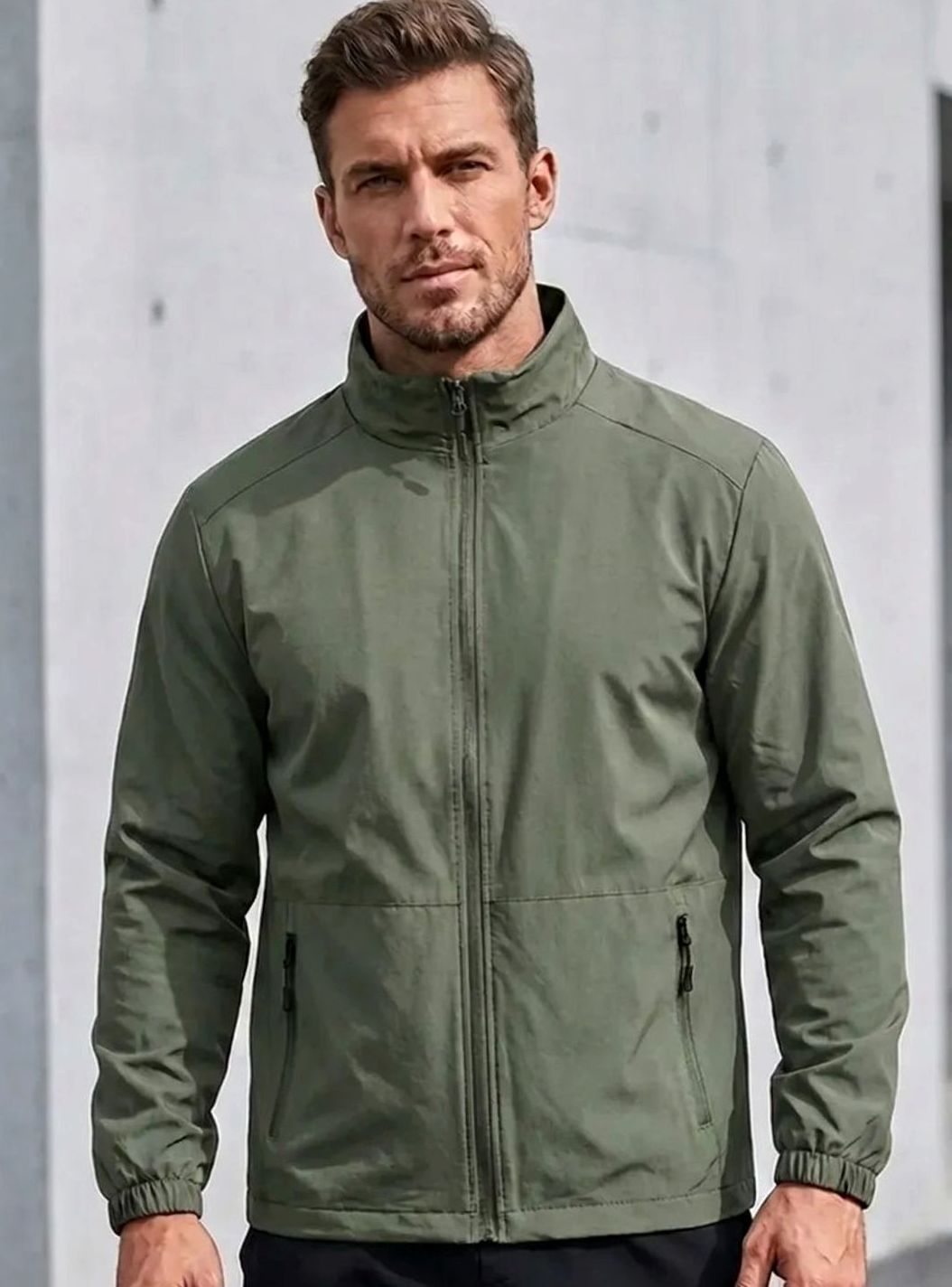 Men's Slim-Fit Full-Zip Stand-Collar Lightweight Jacket - Green