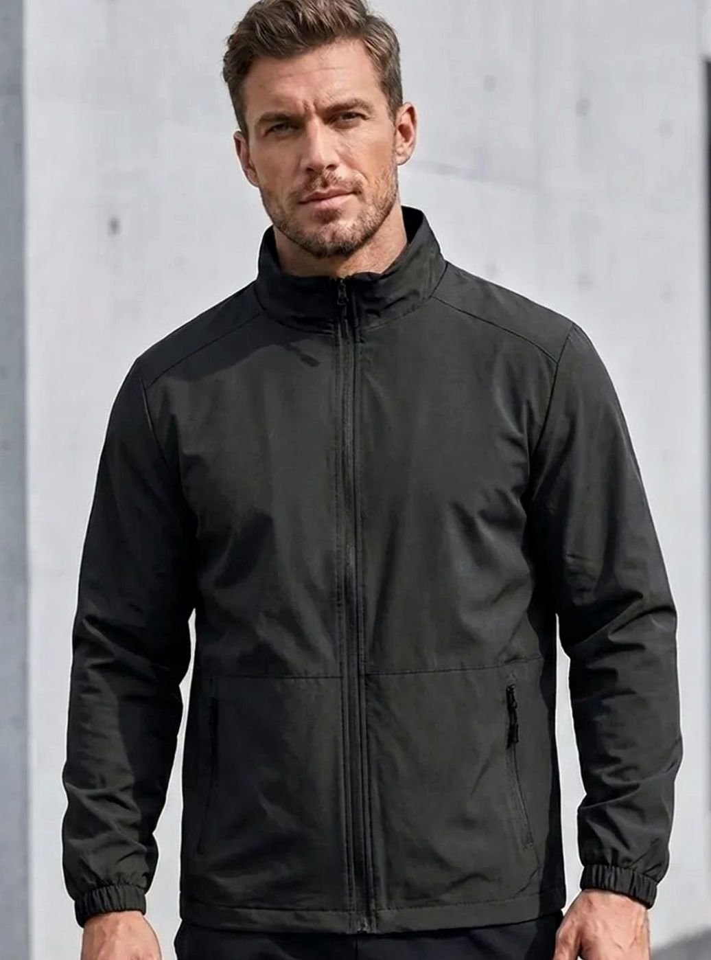 Men's Slim-Fit Full-Zip Stand-Collar Lightweight Jacket - Black