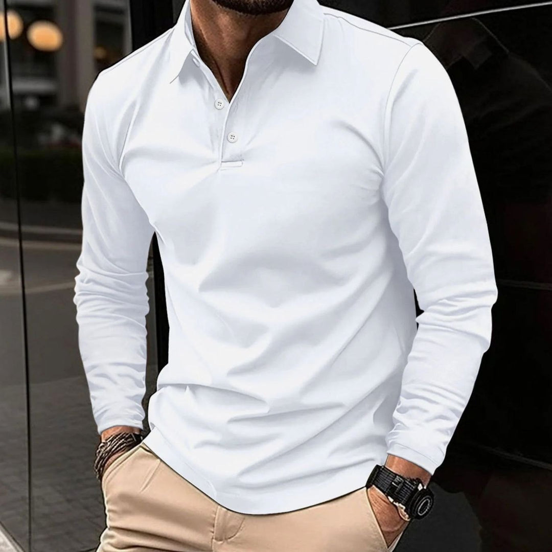 Men's Smart Casual Long-Sleeve Button-Collar Polo Shirt - White