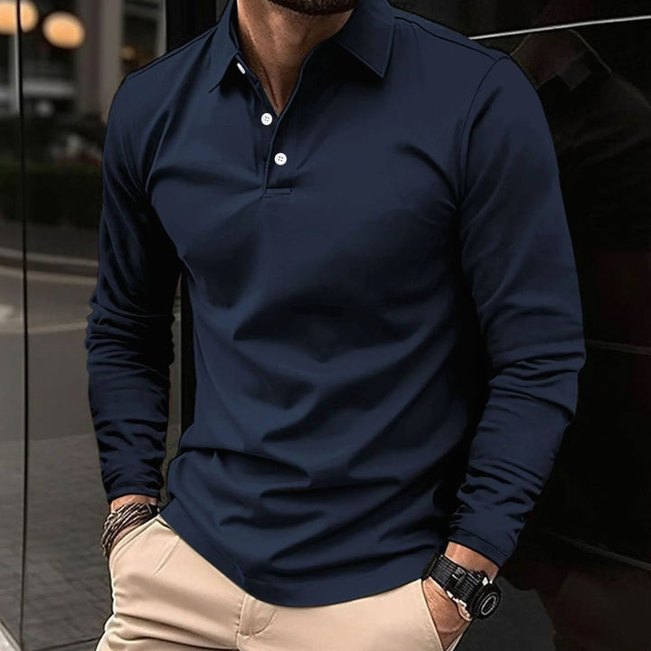 Men's Smart Casual Long-Sleeve Button-Collar Polo Shirt - Navy Blue