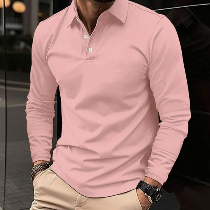 Men's Smart Casual Long-Sleeve Button-Collar Polo Shirt - Pink