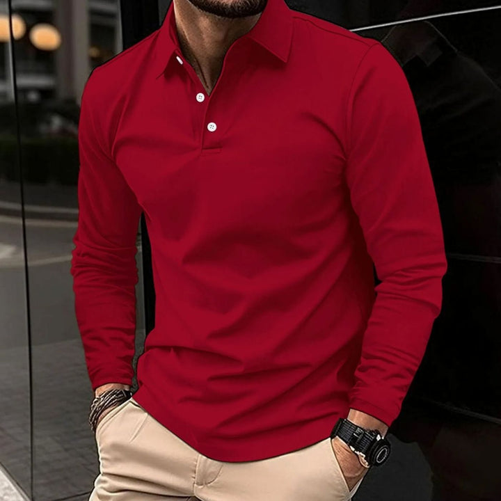 Men's Smart Casual Long-Sleeve Button-Collar Polo Shirt - Red