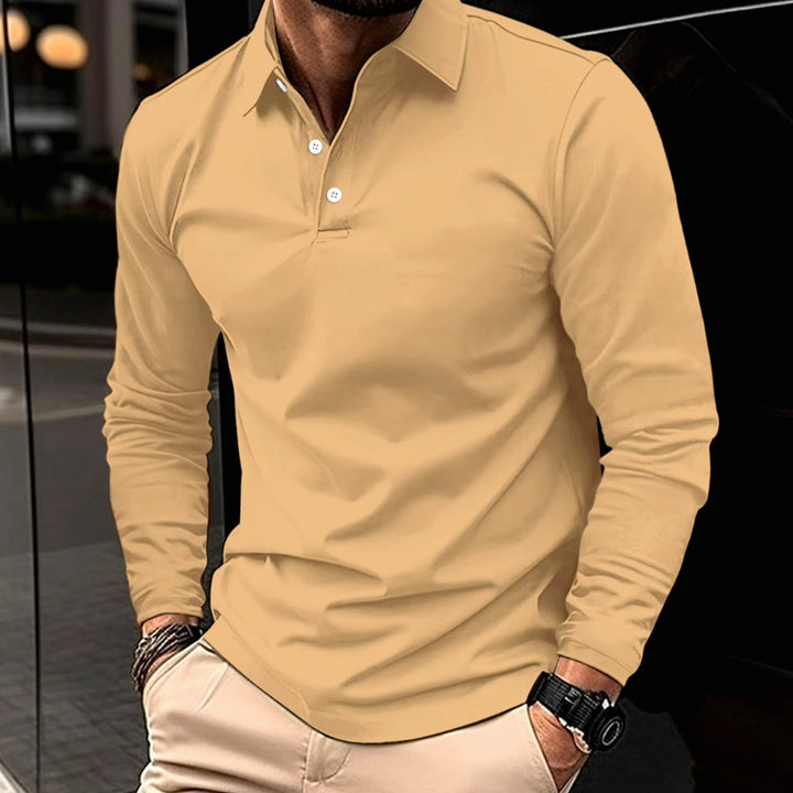 Men's Smart Casual Long-Sleeve Button-Collar Polo Shirt - Khaki