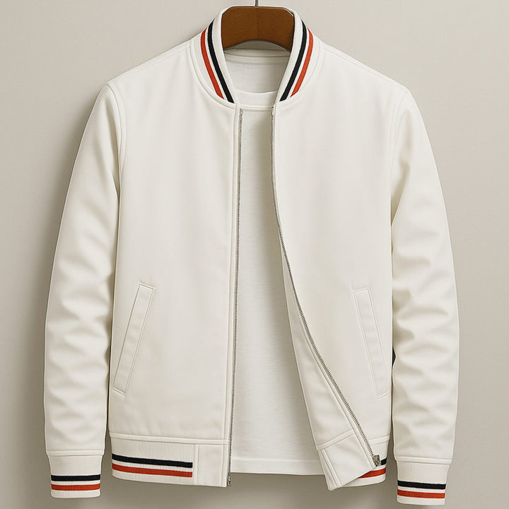 Men's Striped-Trim Zip-Up Bomber Jacket - White