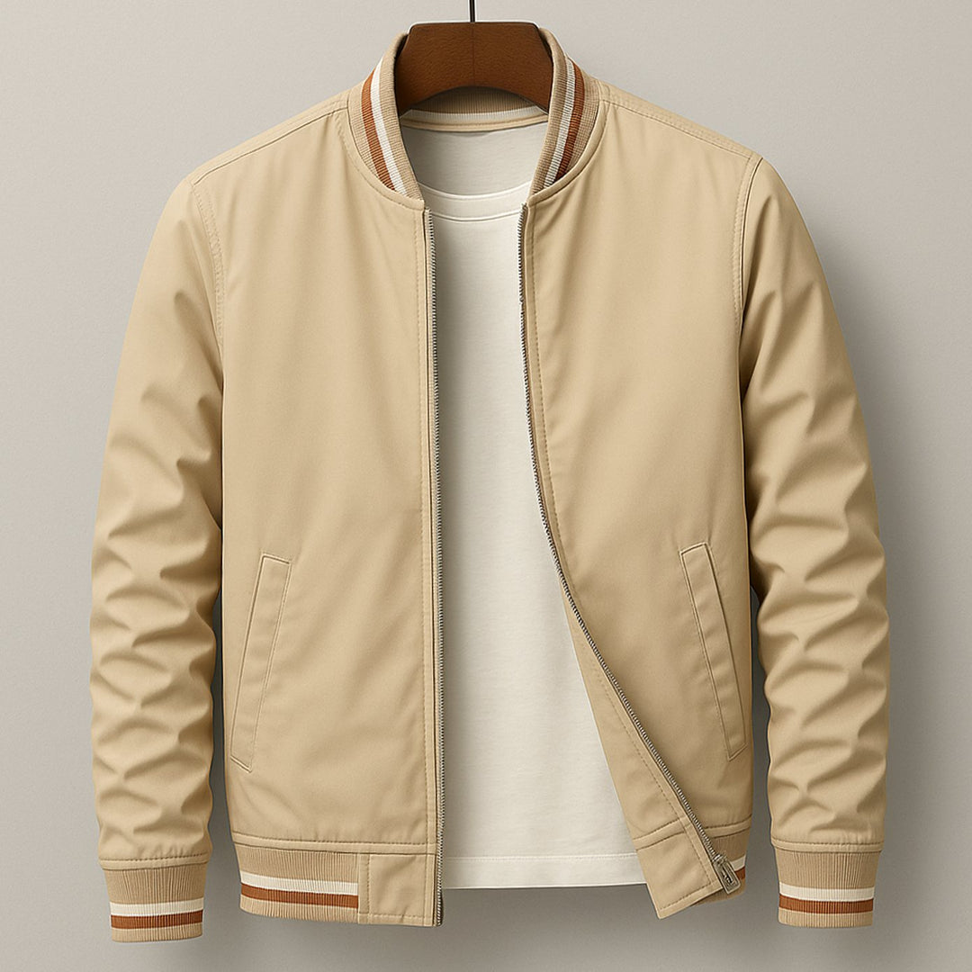 Men's Striped-Trim Zip-Up Bomber Jacket - Beige