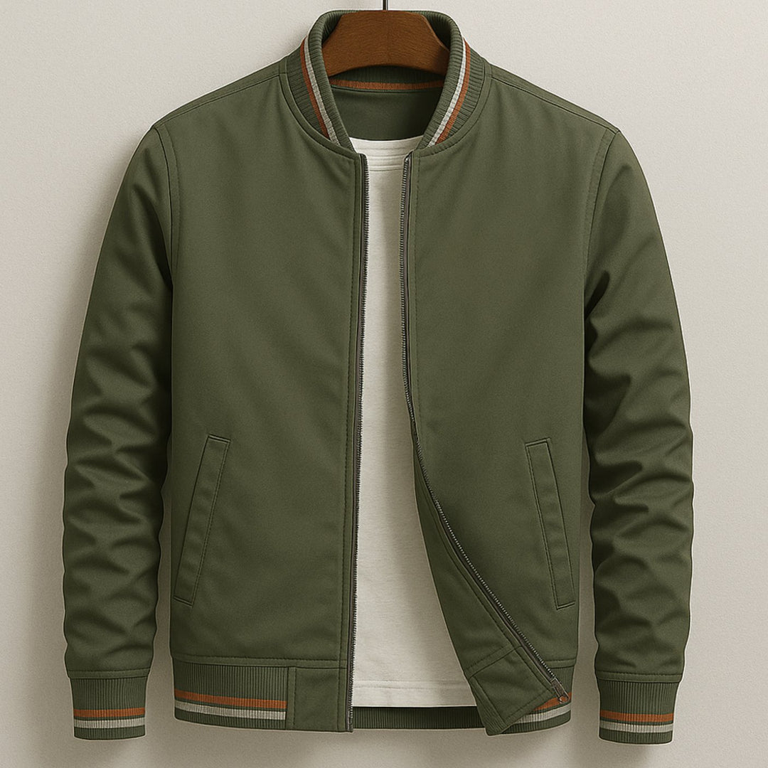 Men's Striped-Trim Zip-Up Bomber Jacket - Green