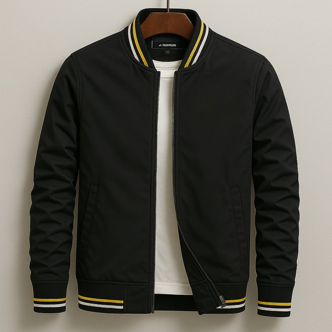 Men's Striped-Trim Zip-Up Bomber Jacket - Black
