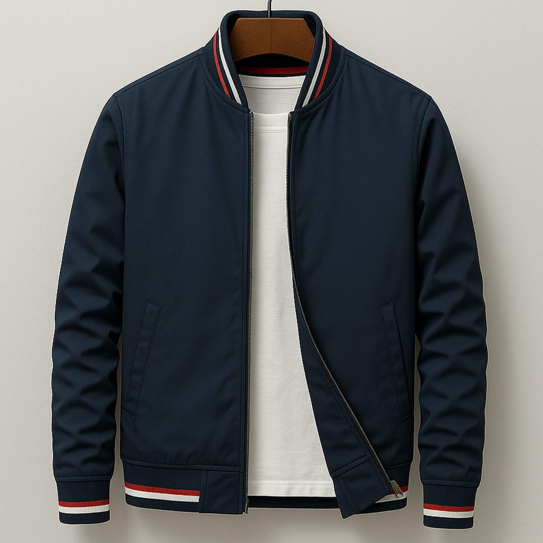 Men's Striped-Trim Zip-Up Bomber Jacket - Navy Blue