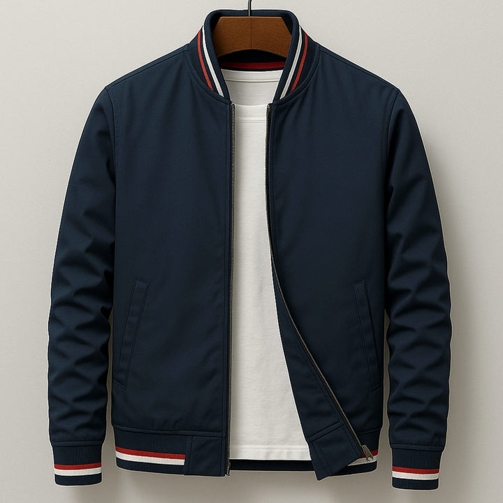 Men's Striped-Trim Zip-Up Bomber Jacket - Navy Blue