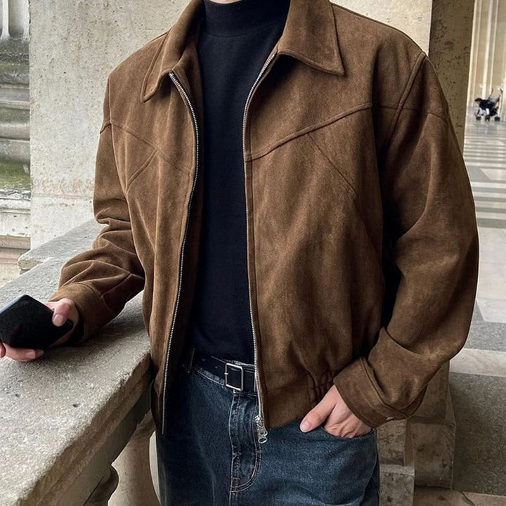 Men's Suede Bomber Jacket Tailored Zip-Up