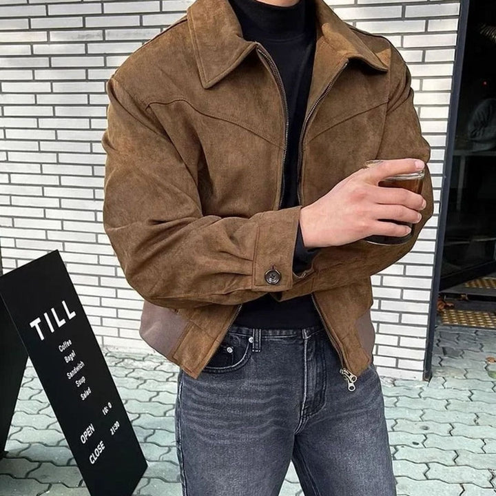 Men's Suede Bomber Jacket Tailored Zip-Up