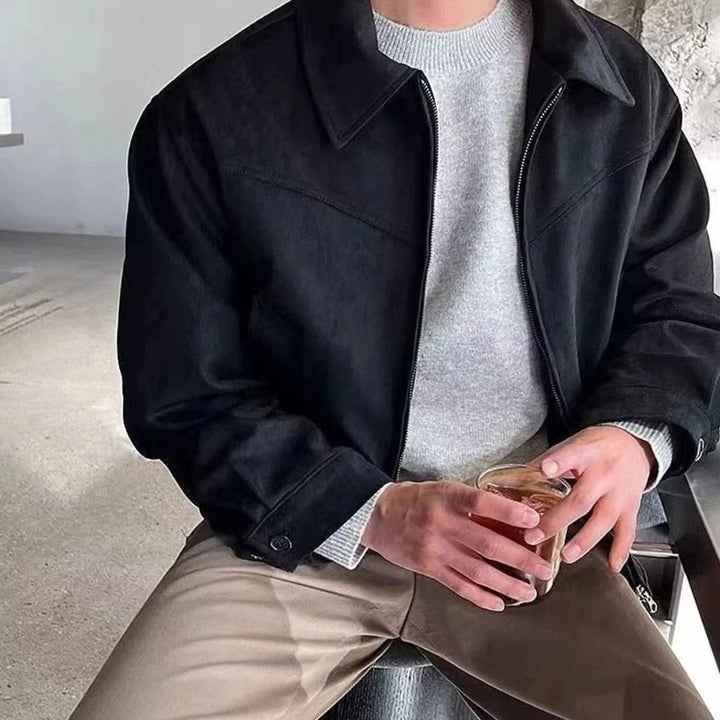 Men's Suede Bomber Jacket Tailored Zip-Up - Black