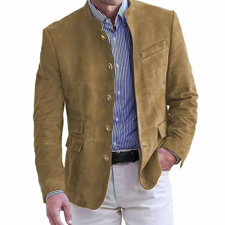 Men's Suede-Effect Mandarin-Collar Button-Up Blazer Jacket - Khaki