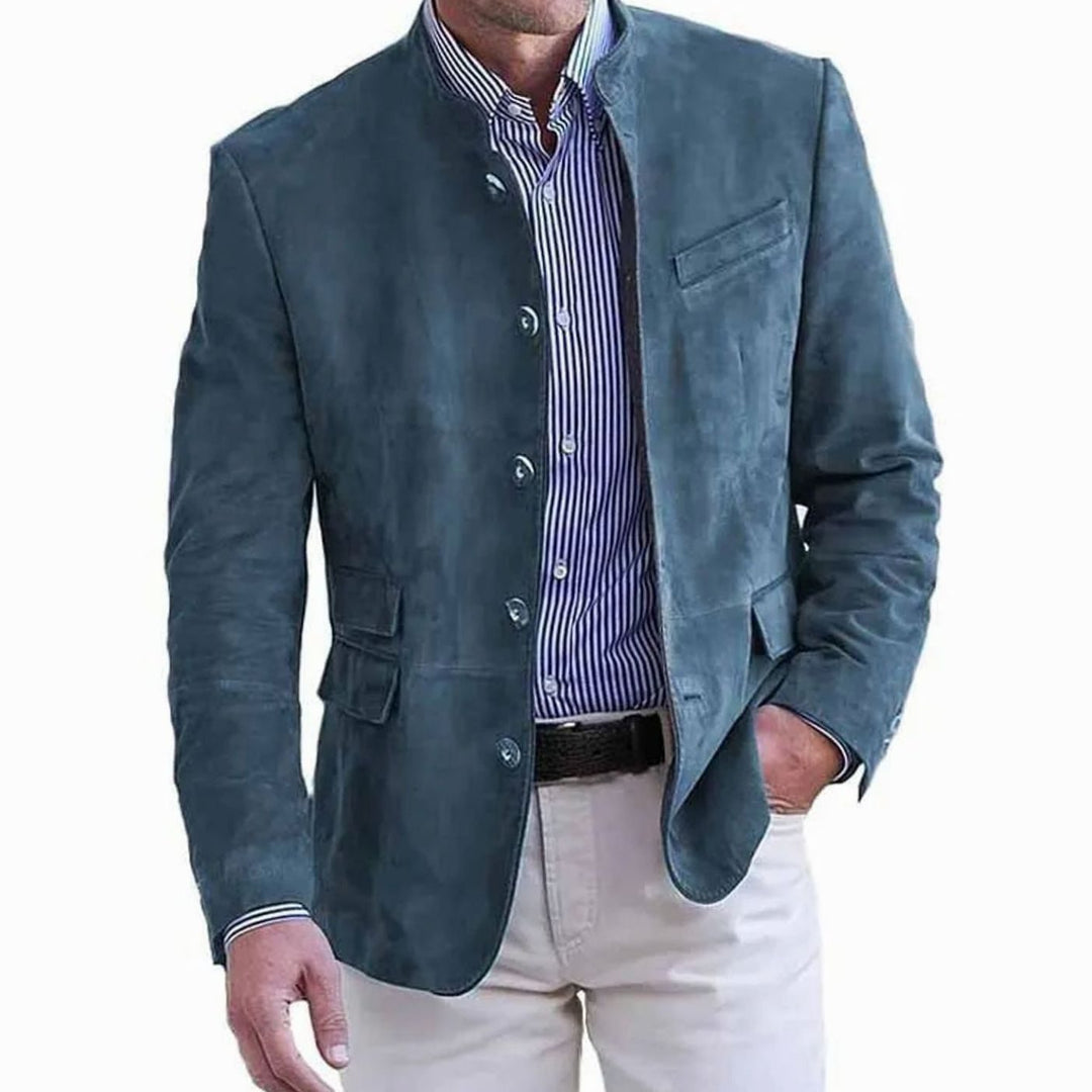 Men's Suede-Effect Mandarin-Collar Button-Up Blazer Jacket - Lake Blue