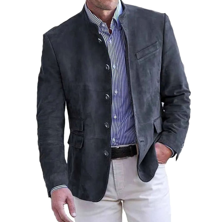 Men's Suede-Effect Mandarin-Collar Button-Up Blazer Jacket - Grey