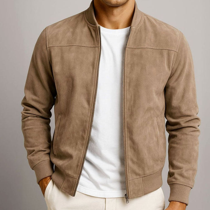 Men's Suede-Touch Slim-Fit Zip-Up Bomber Jacket - Brown