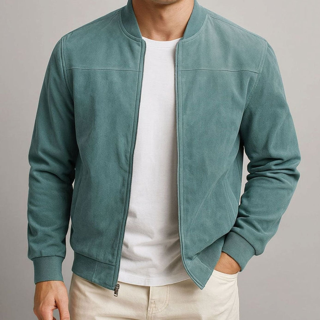 Men's Suede-Touch Slim-Fit Zip-Up Bomber Jacket - Blue