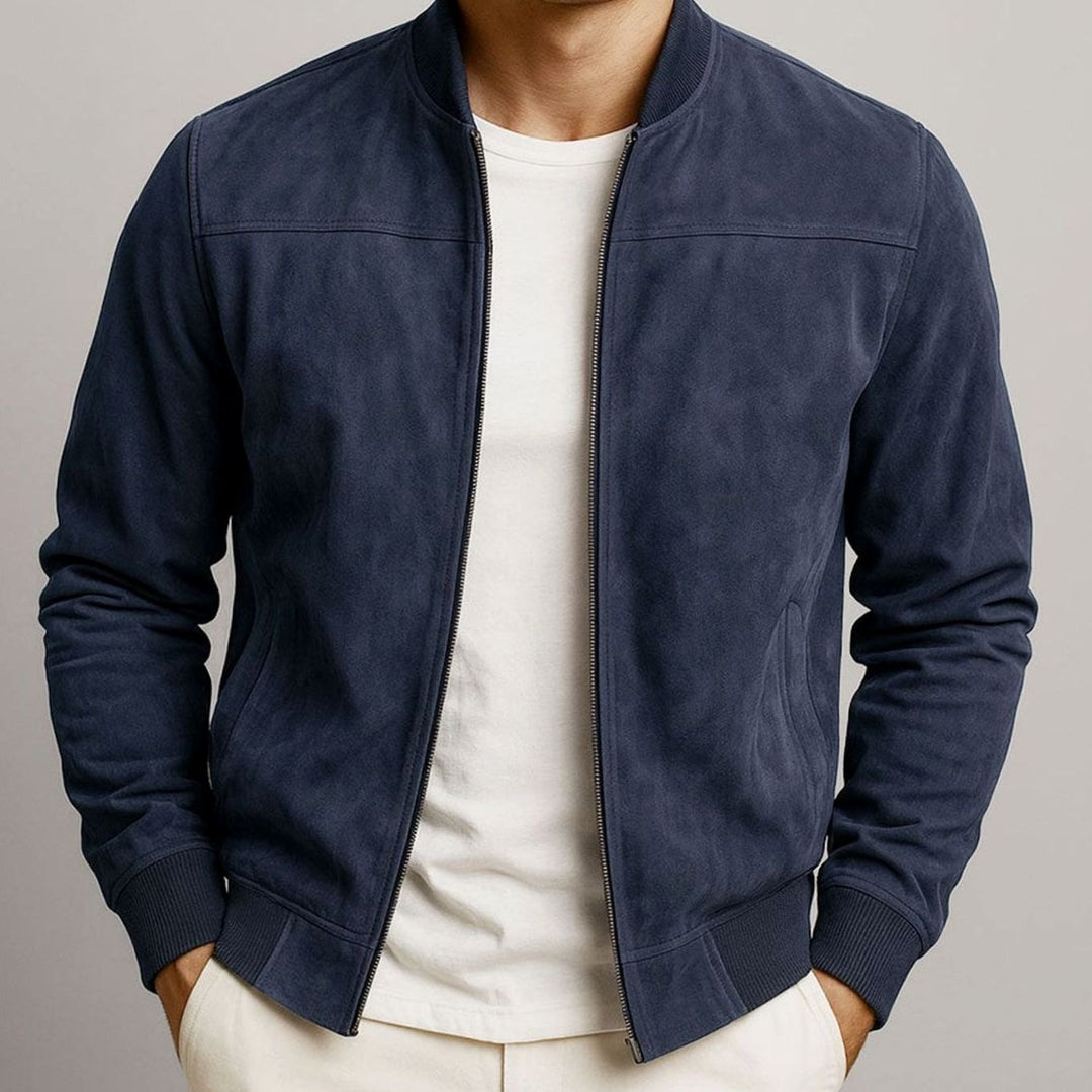 Men's Suede-Touch Slim-Fit Zip-Up Bomber Jacket - Navy Blue