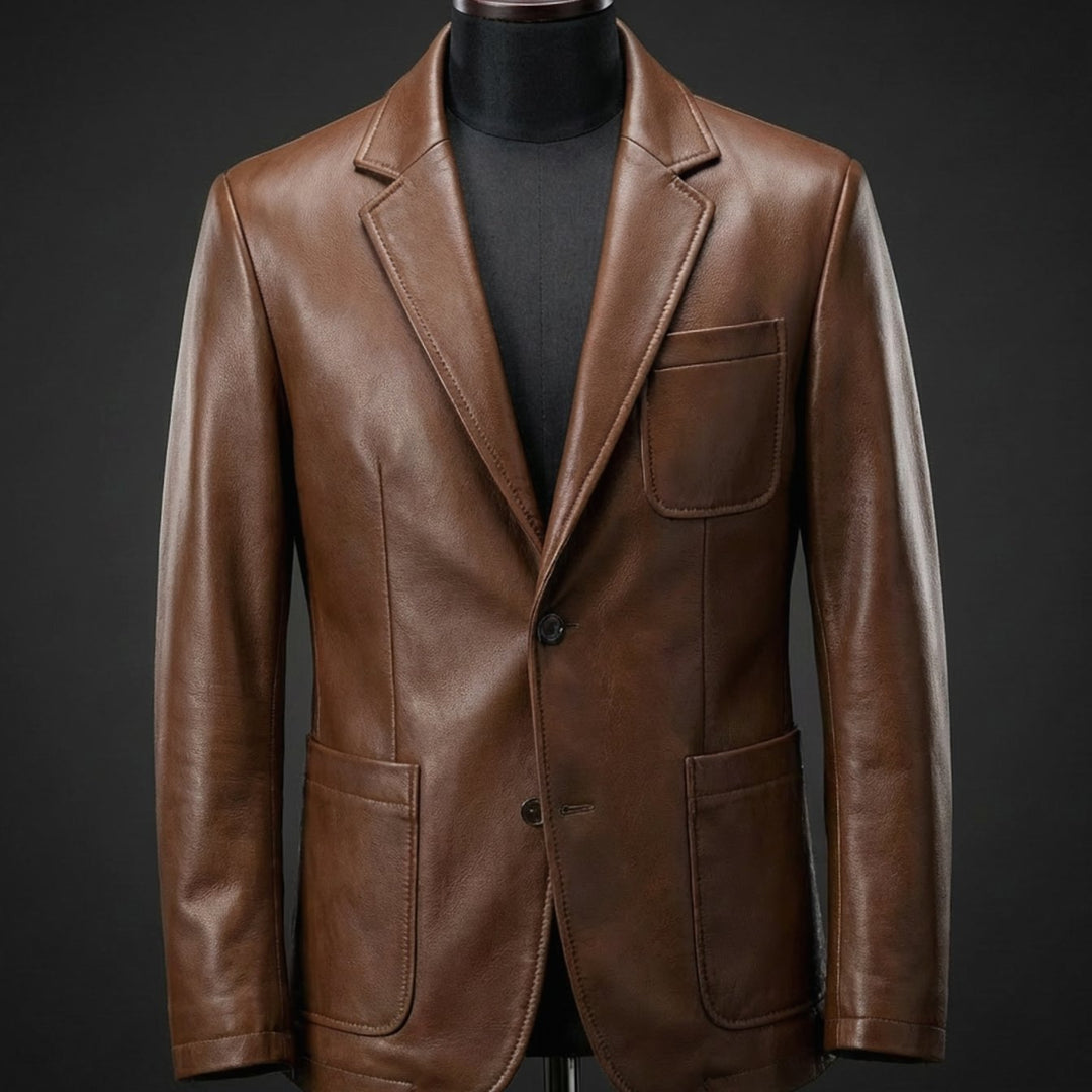 Men's Tailored Vegan Leather Blazer Jacket - Brown