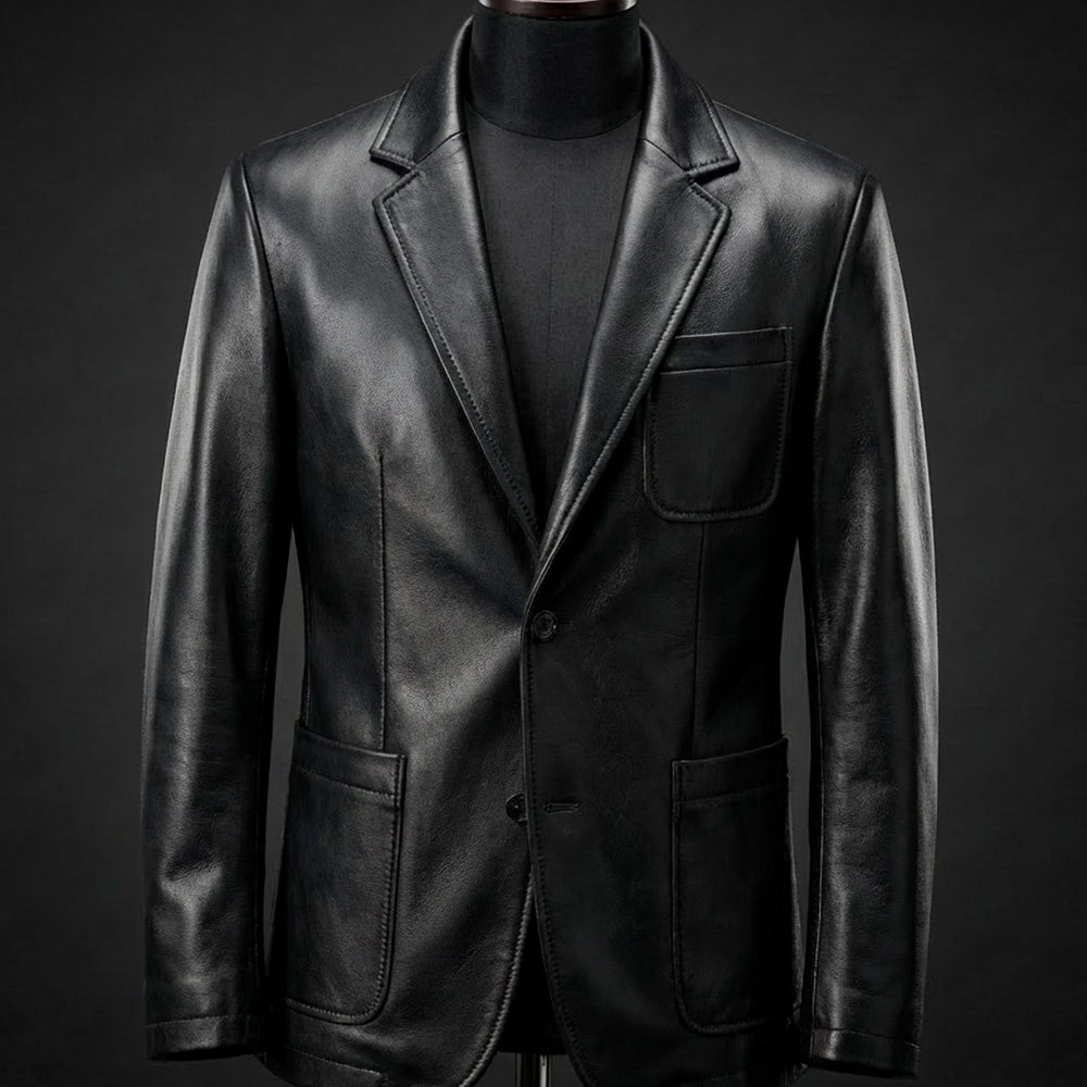 Men's Tailored Vegan Leather Blazer Jacket - Black