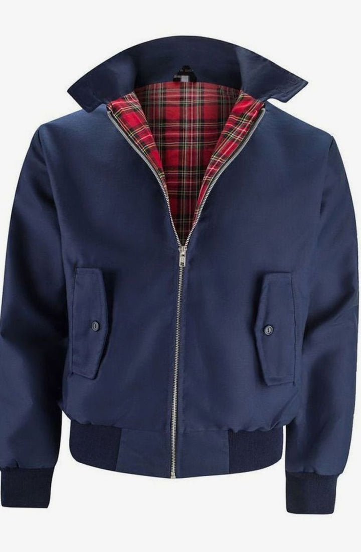 Men's Tartan-Lined Zip-Up Harrington Bomber Jacket - Navy Blue