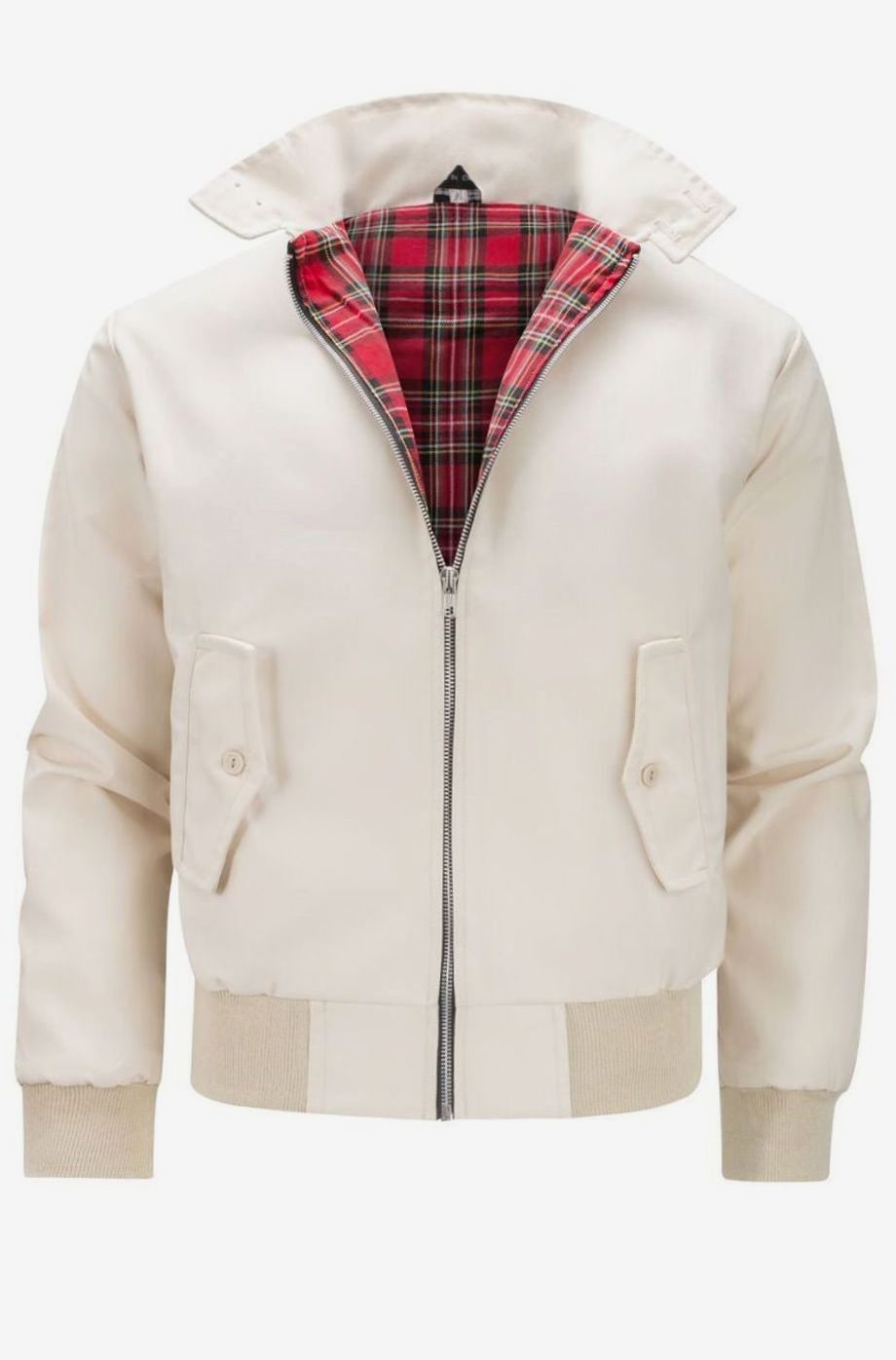 Men's Tartan-Lined Zip-Up Harrington Bomber Jacket - Beige