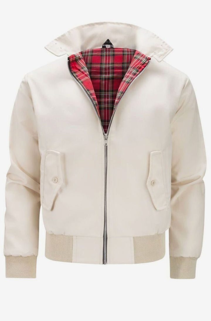 Men's Tartan-Lined Zip-Up Harrington Bomber Jacket - Beige